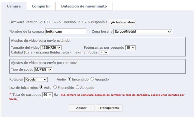 Menú de ajustes de la cámara